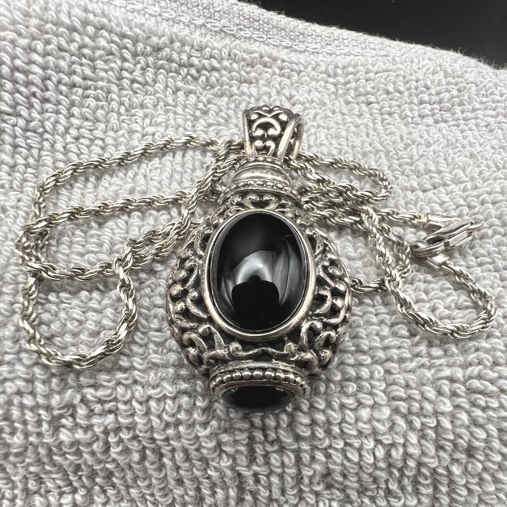 Vintage Sterling Silver Onyx Necklace Filigree Twisted Rope Chain 16" 13g